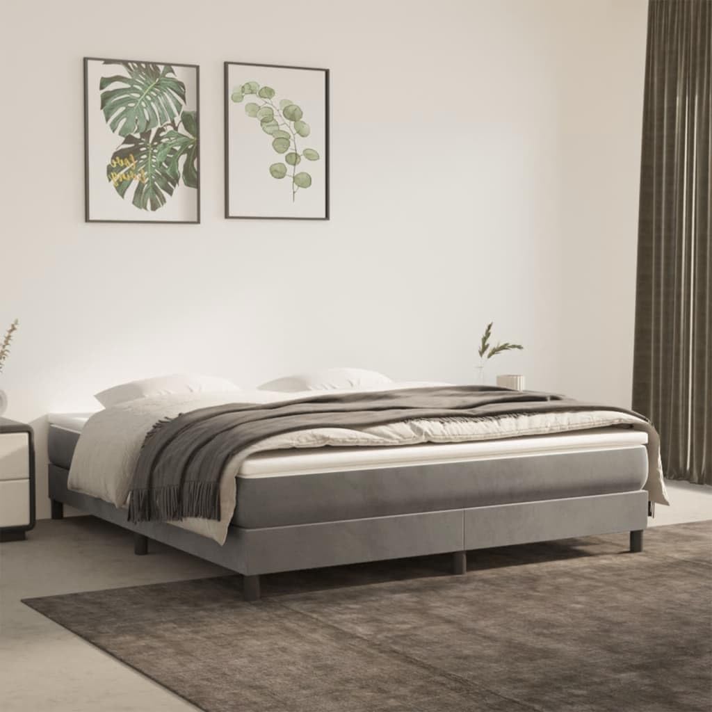 King Size Velvet Bed Frame Light Grey with Plywood Engineered Wood Structure, Luxurious Upholstered Platform Bed for Master Bedroom, Modern Minimalist Design, Durable Support