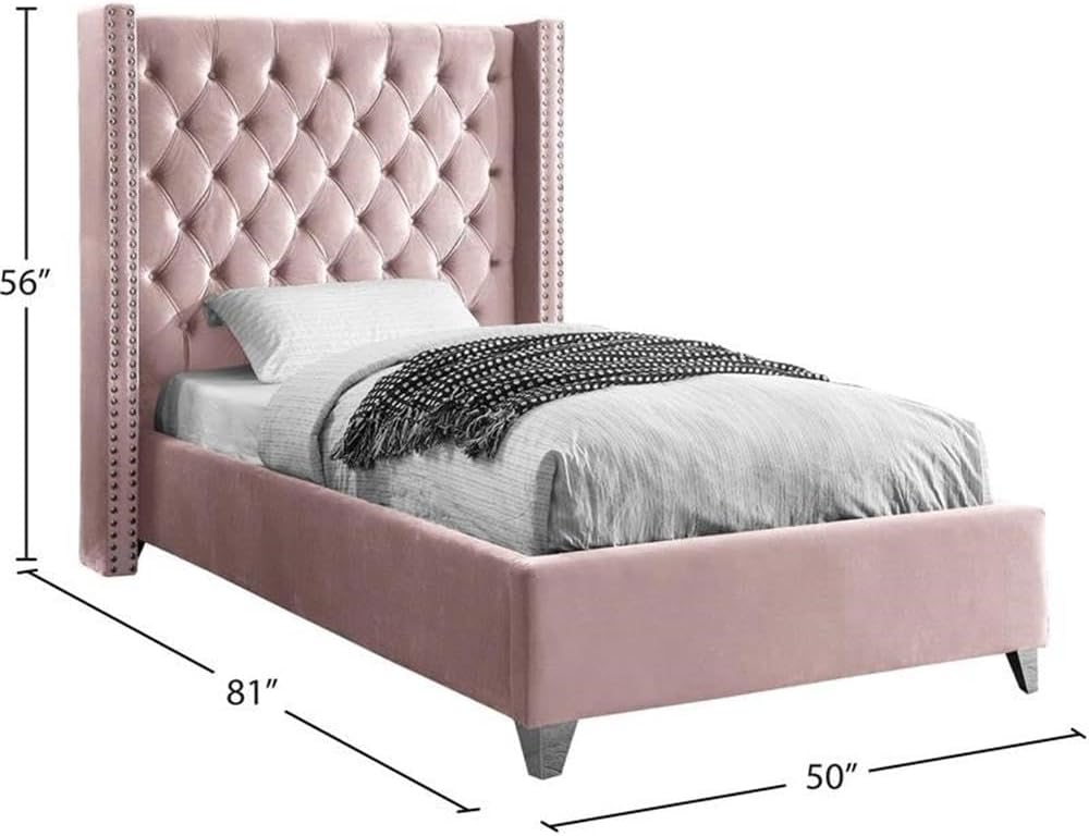 Meridian Furniture Aiden Collection Modern | Contemporary Velvet Upholstered Bed with Deep Button Tufting, Solid Wood Frame, and Custom Chrome Legs, Twin, Pink