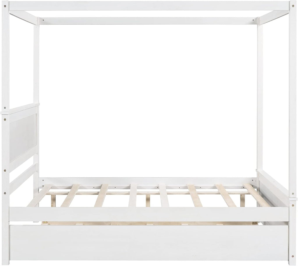 CITYLIGHT Full Size Canopy Bed Frame with Trundle Bed,Wooden Canopy Trundle Bed with Support Slats,Four Post Bed with Headboard for Kids Girls Boys,Brushed White