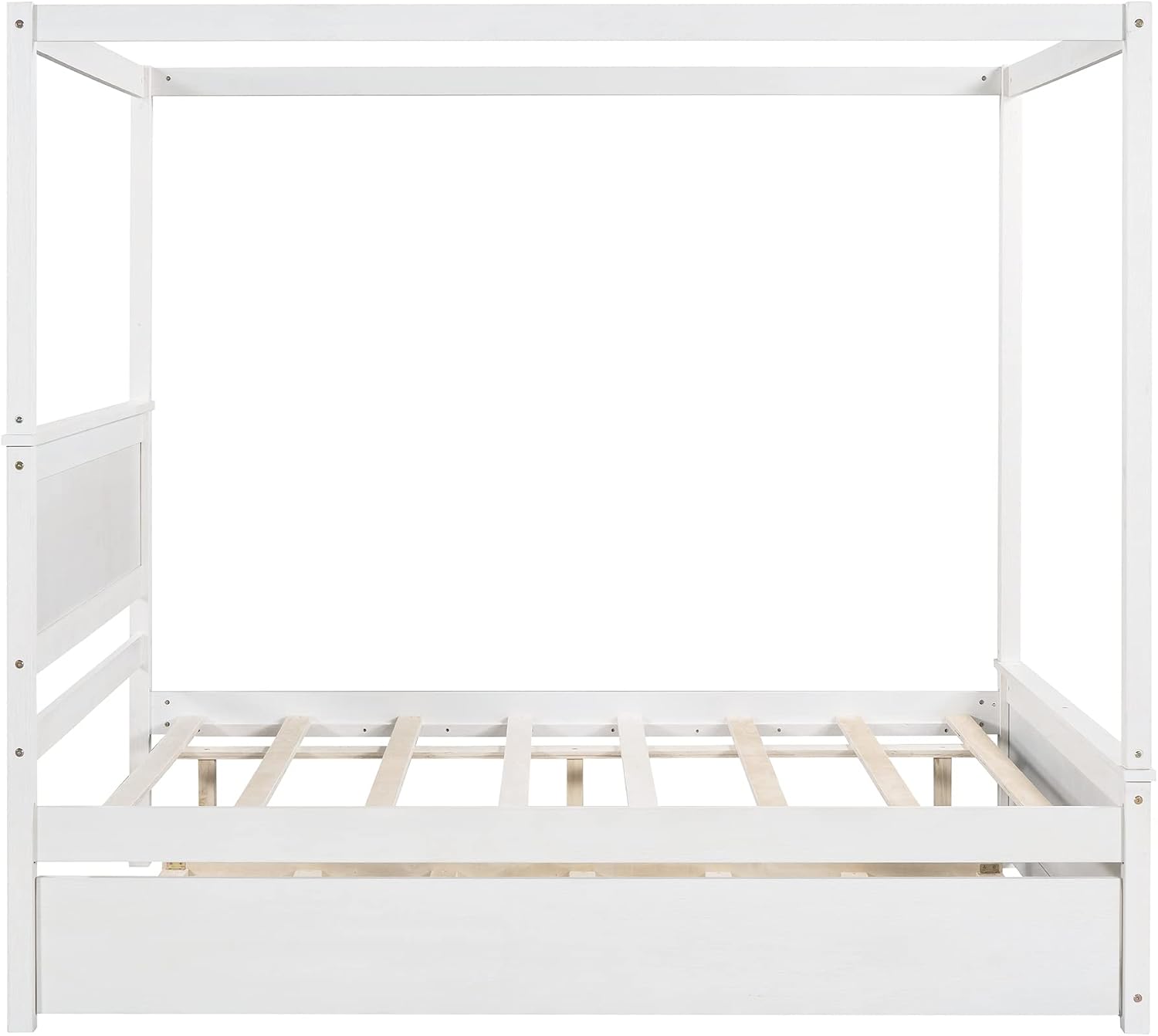 CITYLIGHT Full Size Canopy Bed Frame with Trundle Bed,Wooden Canopy Trundle Bed with Support Slats,Four Post Bed with Headboard for Kids Girls Boys,Brushed White
