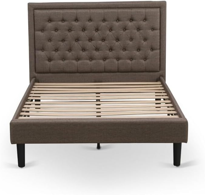 HomeStock Asian Aesthetics 2 Pc Bedroom Set 1 Full Platform Bed Brown Linen Fabric Padded and Button Tufted Headboard 1 Wooden Nightstand with Wooden Drawer Black Finish Legs