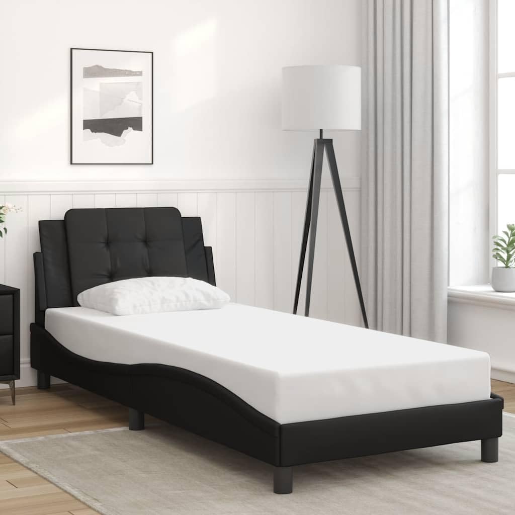 Modern Faux Leather Single Bed Frame Black Durable Sturdy Pine Wood Construction with Cushioned Headboard for Space Saving Design
