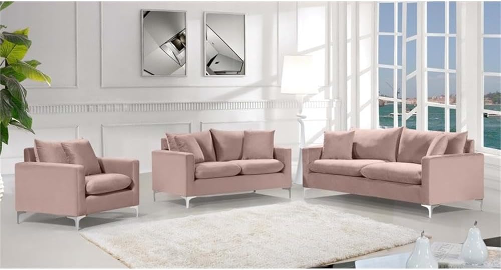Meridian Furniture Naomi Collection Modern | Contemporary Pink Velvet Upholstered Sofa with Stainless Steel Base in a Rich Gold Finish