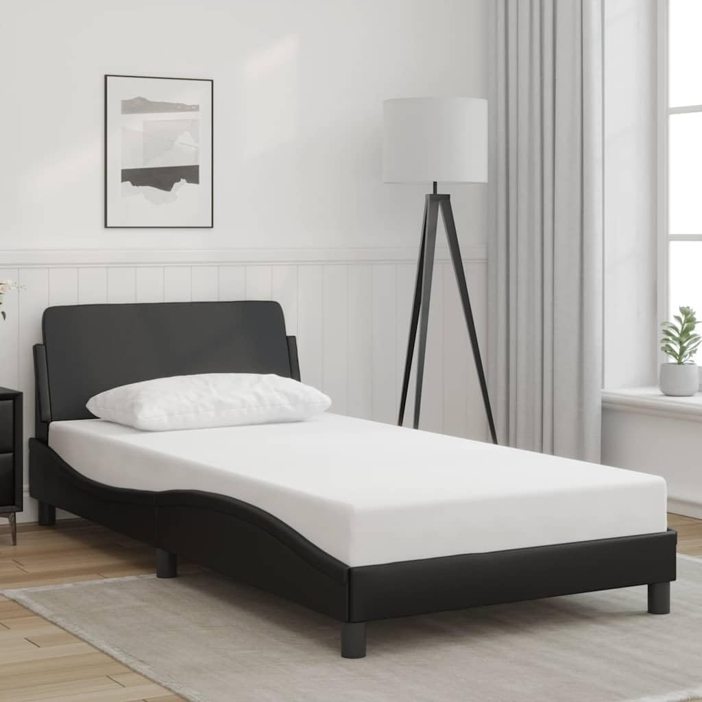 Modern Twin Bed Frame with Headboard and Hidden Storage, Black Faux Leather Upholstered on Engineered Wood and Metal Base, Sleek Design for Contemporary Bedroom, Durable