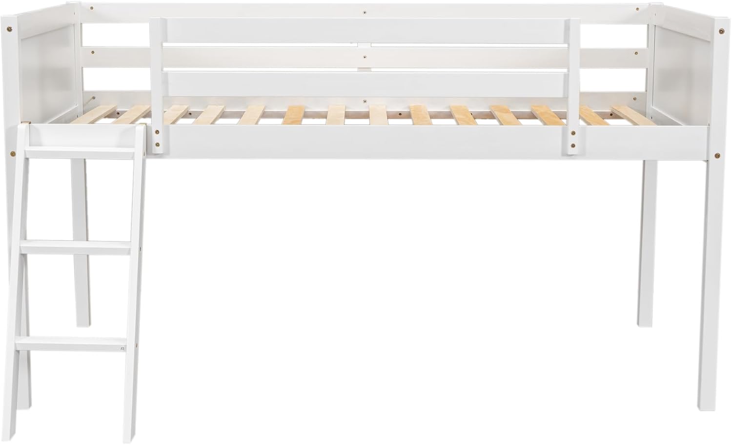 Twin Size Loft Bed, Wood Low Loft Bed with Convertible Ladder, Ladder can be Placed on the Left or Right, Safety Guardrails, Wood Slats Support, No Box Spring Required (White & Convertible Ladder)