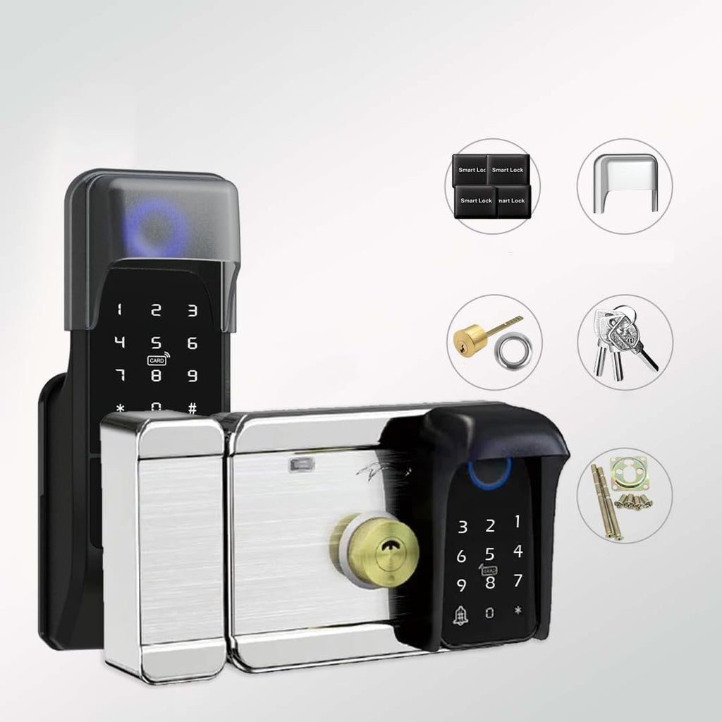 Smart Latch Double Side Gate Lock, Keyless Fingerprint Rim Lock with Keypad, Password & IC Card - Waterproof Electronic Digital Door Deadbolt for Outdoor Fence (Black Waterproof)