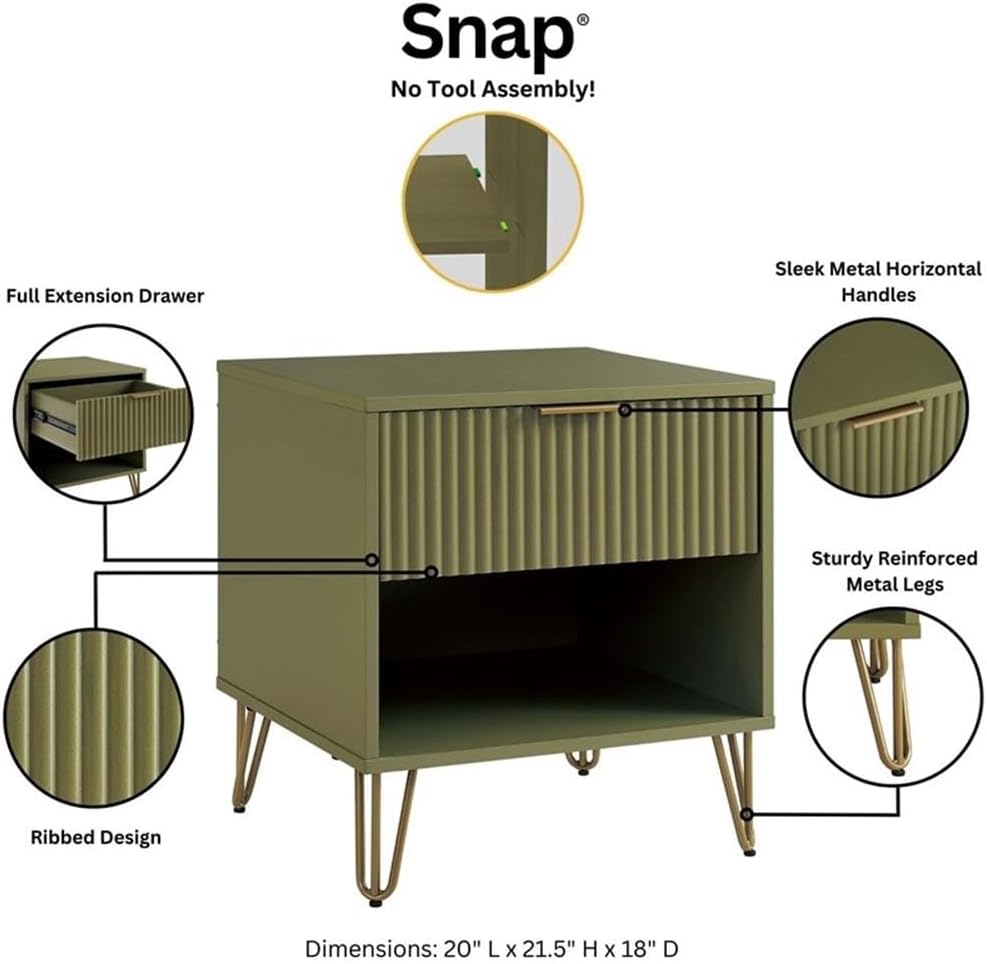 Pemberly Row 2-Piece MDF Bedroom Dresser Set, Olive Green Finish, Includes 3-Drawer Dresser and 1.0 Nightstand, Ribbed Drawer Fronts, Gold Metal Handles and Legs, Modern Glam Storage for Bedroom