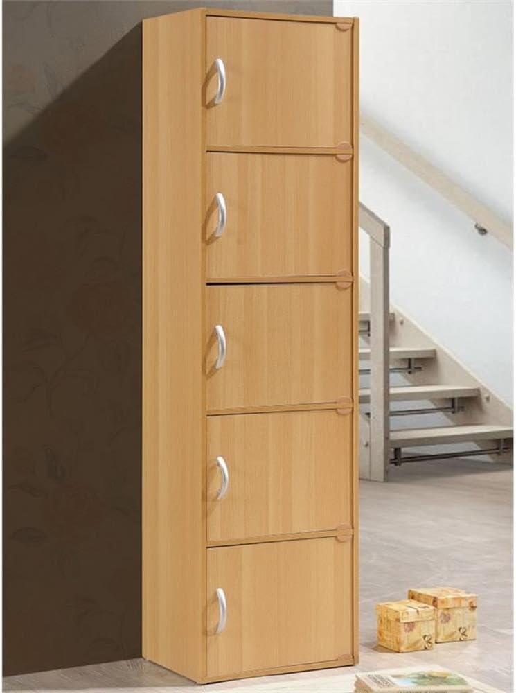 Pemberly Row 5 Shelf 5 Door Bookcase, 59 in H x 15.9 in W x 11.75 in D, Beech Finish, Slim Design Multi-Purpose Storage for Office, Bedroom, Kids Room, Kitchen or Laundry Room Organization