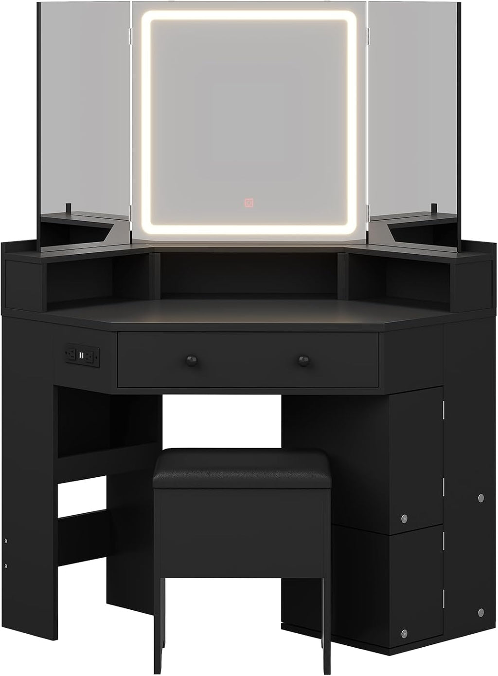HAUOMS Corner Vanity Desk with Mirror and Lights, Power Outlet & Rotating Shelves, Makeup Vanities with Storage Bench, Drawers, 3 Light Settings, Dimmable for Women Girls, Black