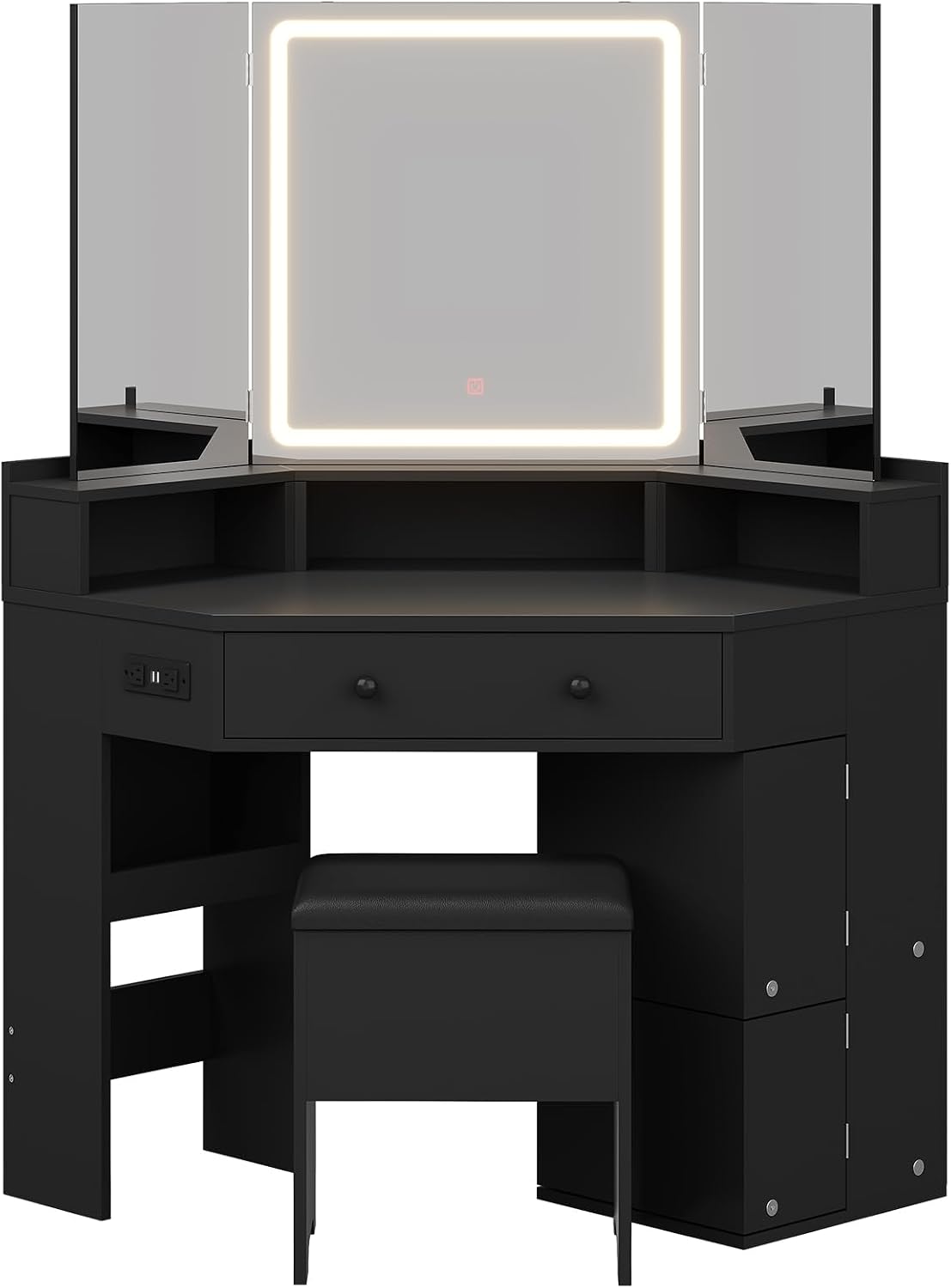 HAUOMS Corner Vanity Desk with Mirror and Lights, Power Outlet & Rotating Shelves, Makeup Vanities with Storage Bench, Drawers, 3 Light Settings, Dimmable for Women Girls, Black