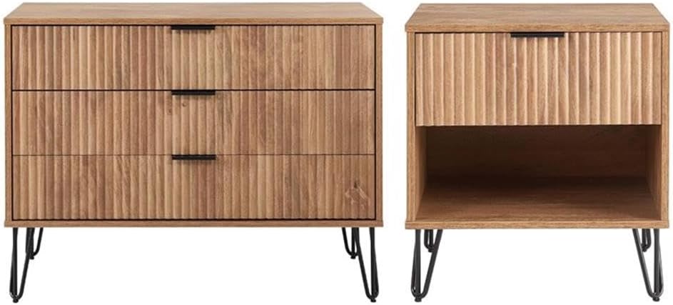 Pemberly Row 2-Piece Bedroom Set, 3-Drawer Dresser & 1-Drawer Nightstand, Golden Brown MDF, Ribbed Drawer Front, Black Metal Handles & Legs, Soft Close, Modern Storage for Bedroom Use