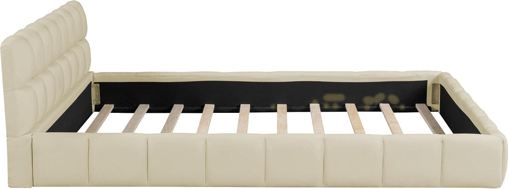 Queen Size Upholstered Platform Bed with Thick Fabric, Grounded Bed with Solid Frame,Wood Slat Support, No Box Spring Needed,Easy Assembly,Bedroom Set (C+Beige)