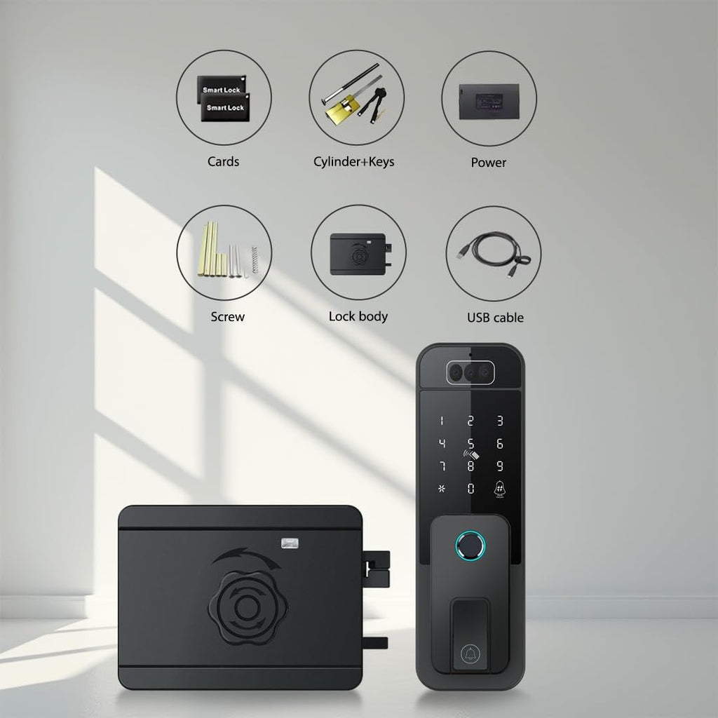 Smart Latch Door Lock with Face Recognition & Doorbell, 7-in-1 Keyless Entry, Palm Vein, Fingerprint, Password, IC Card, Key, Tuya App Control, Auto-Lock, Touchscreen Keypad, Black