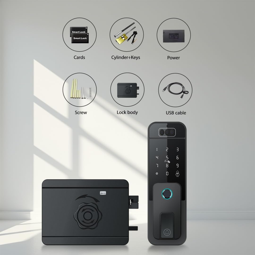 Smart Latch Door Lock with Face Recognition & Doorbell, 7-in-1 Keyless Entry, Palm Vein, Fingerprint, Password, IC Card, Key, Tuya App Control, Auto-Lock, Touchscreen Keypad, Black