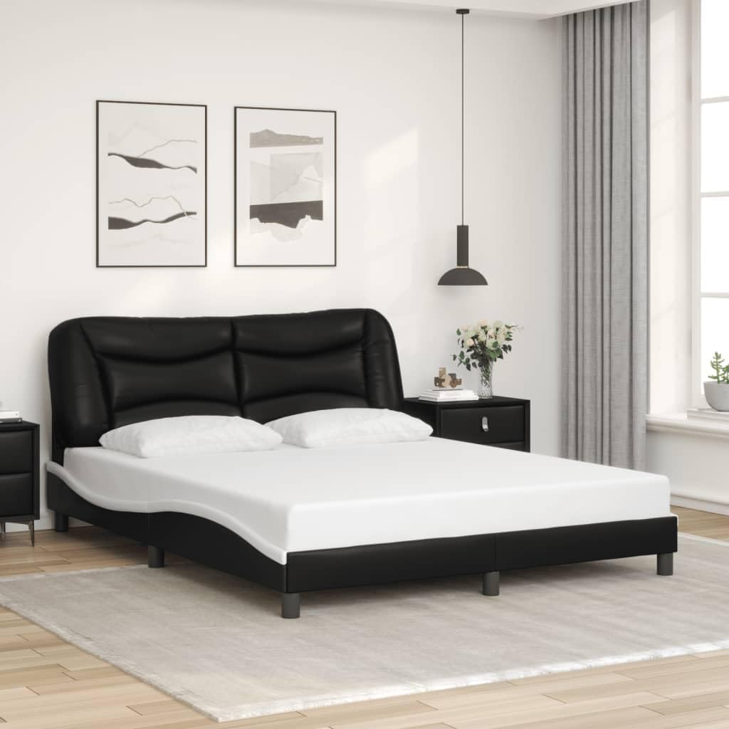 Bed Frame Black and White 61.8'x85.8'x29.3' Matte – Modern Platform Bed Frame with Faux Leather Upholstered Headboard for Adult Couples Bedroom Furniture