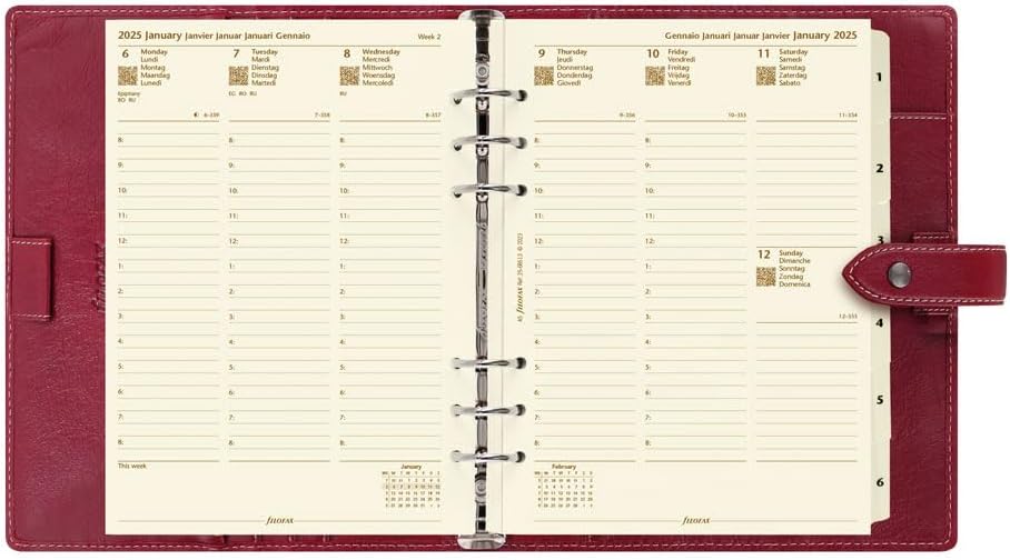 Filofax Malden Organizer, A5 Size, Burgundy - Tactile, Full-Grain Buffalo Leather, Six Rings, Cotton Cream Week-to-View Calendar Diary, Multilingual, 2025 (C021703-25)