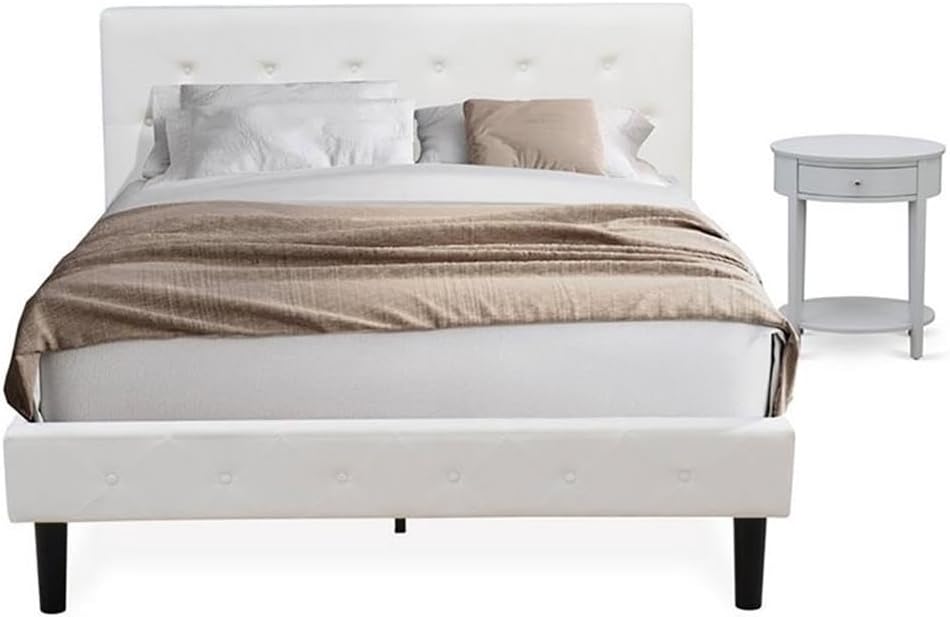 East West Furniture NL19Q-1HI14 2 Piece Queen Bedroom Set - Button Tufted Bed Frame - Linen white Velvet Fabric Upholstered Headboard and an Urban Gray Finish Nightstand