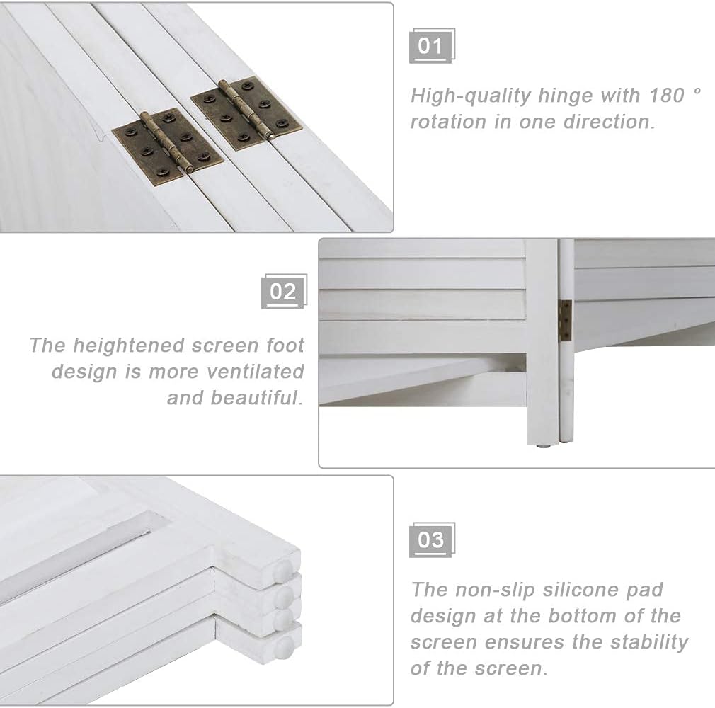 FDW 4 Panel Room Divider Folding Privacy Wooden Screen with Three Clever Shelf Portable Partition Wood Divider for Home Office, White