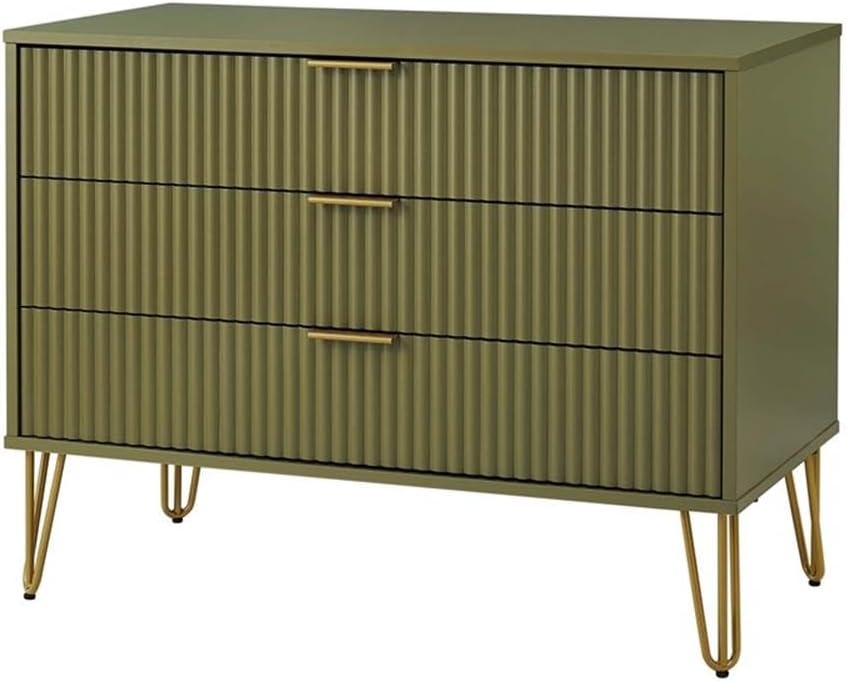Pemberly Row 2-Piece MDF Bedroom Dresser Set, Olive Green Finish, Includes 3-Drawer Dresser and 1.0 Nightstand, Ribbed Drawer Fronts, Gold Metal Handles and Legs, Modern Glam Storage for Bedroom