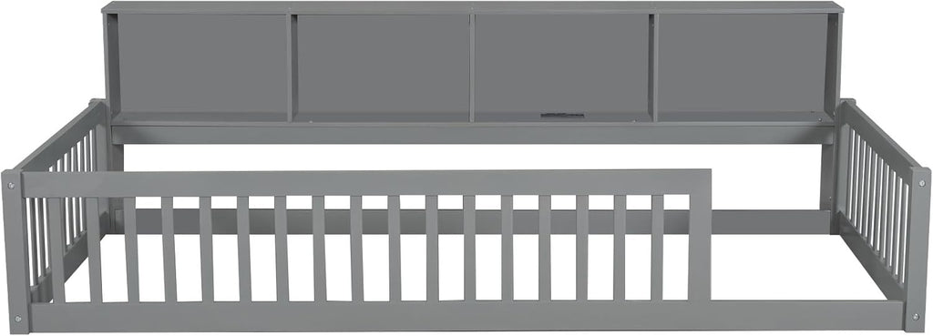 Bellemave Kids Montessori Floor Bed Twin XL Size,Floor Bed Frame with Bookcase and Charging Station for Kids Boys Girls,Gray