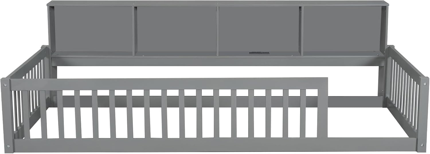 Bellemave Kids Montessori Floor Bed Twin XL Size,Floor Bed Frame with Bookcase and Charging Station for Kids Boys Girls,Gray