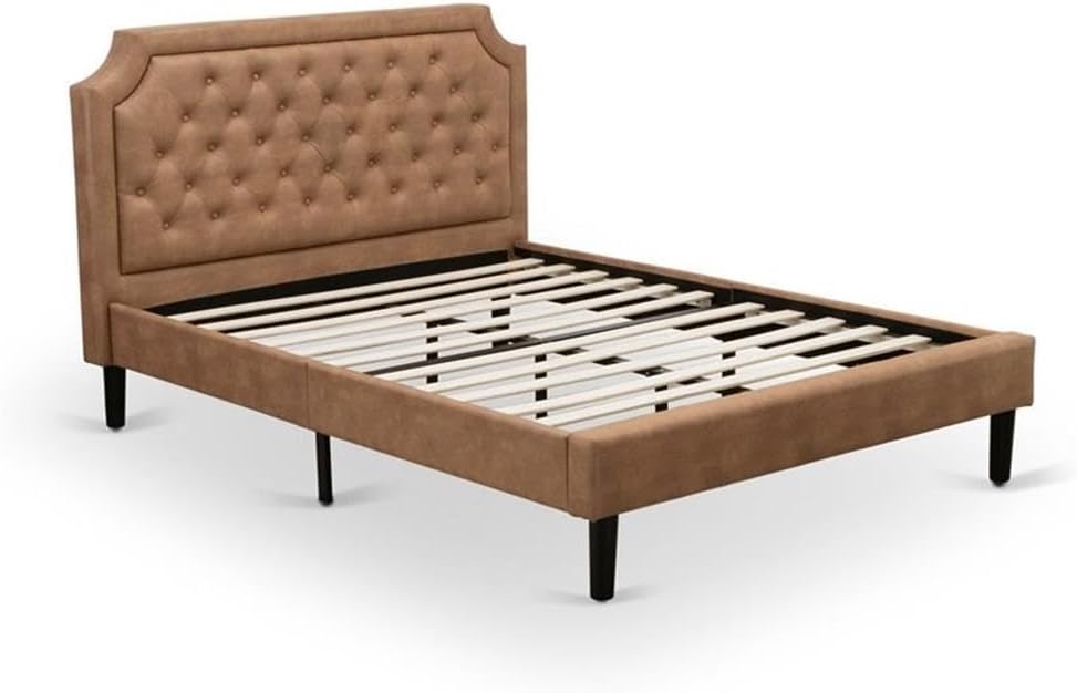 East West Furniture GB28Q-2VL07 3-Piece Granbury Bed Set with Button Tufted Queen Bed Frame and 2 Distressed Jacobean Night Stands - Brown Faux Leather with Brown Texture and Black Legs