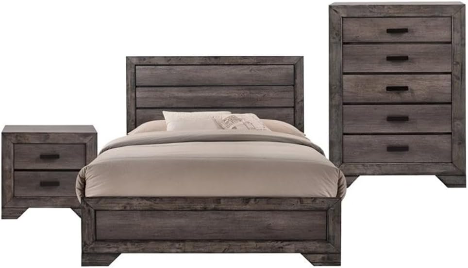 BOWERY HILL Solid Wood 3-Piece Youth Full Panel Bedroom Set, Wire Brush Gray Finish, Includes Bed, Chest, Nightstand, Felt-Lined Drawers, Rustic Design, Spacious Storage, Inset Panels, Ideal for