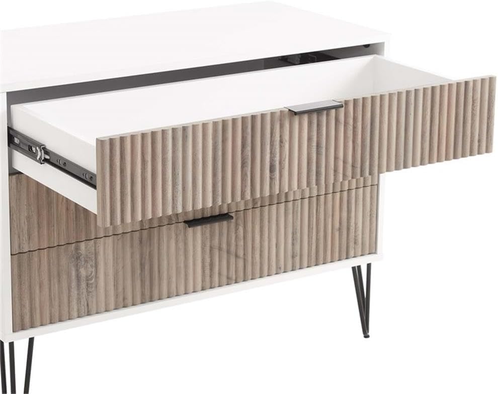 Pemberly Row 2-Piece Bedroom Storage Set, 3-Drawer Dresser 35.19' L & Nightstand 20.07' L, MDF Engineered Wood, Multi-Color Finish, Vertical Ribbed Texture, Black Metal Legs, Modern Glam Style