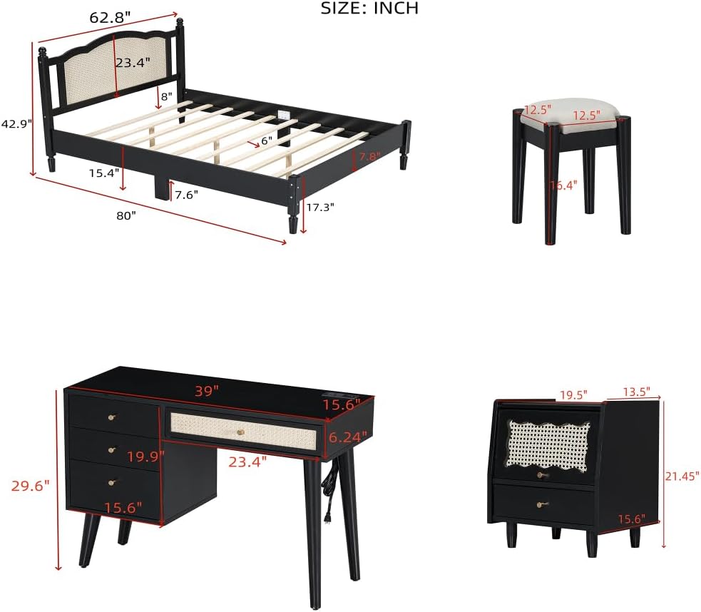 3 Pieces Bedroom Set with Full Size Wooden Bed Frame, 1 Vintage Nightstand and 1 Makeup Vanity Set with Stool,Black (Black + Wood + Queen + 3 Piece Set)