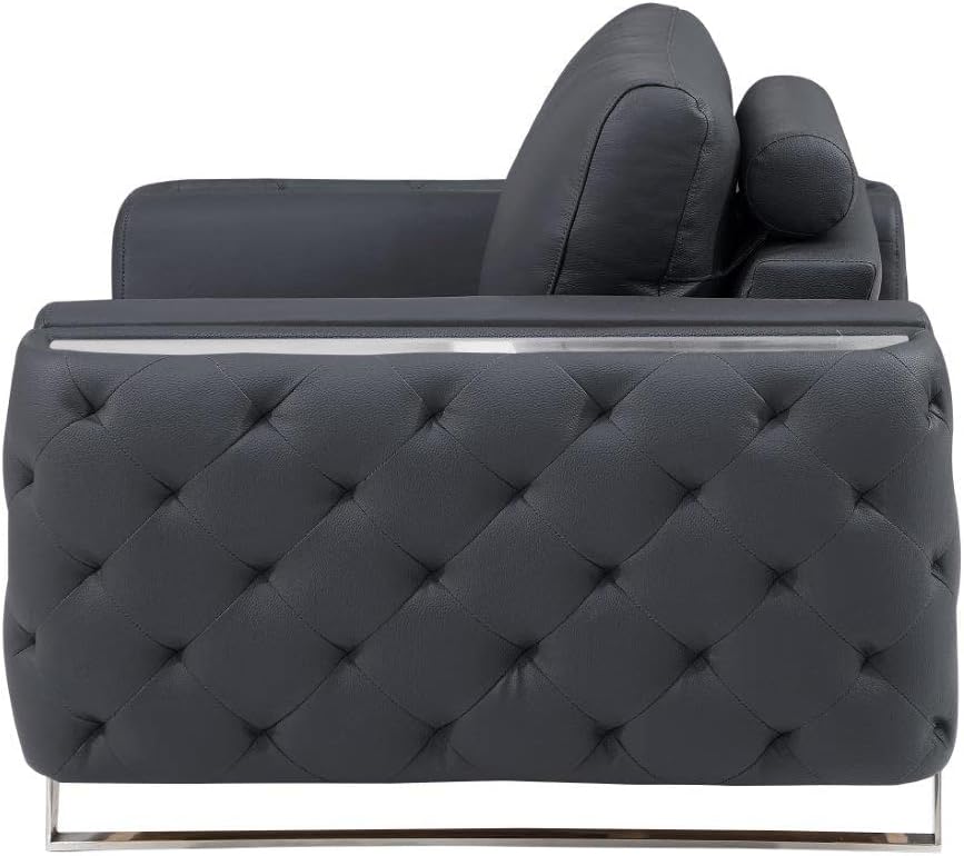 Blackjack Furniture Reggio Collection Full Grain Italian Leather Sofas for Living Room with Brazilian Wood Frame and Stainless Steel Legs, 3-Piece Set, Sofa, Loveseat, and Chair, Dark Gray