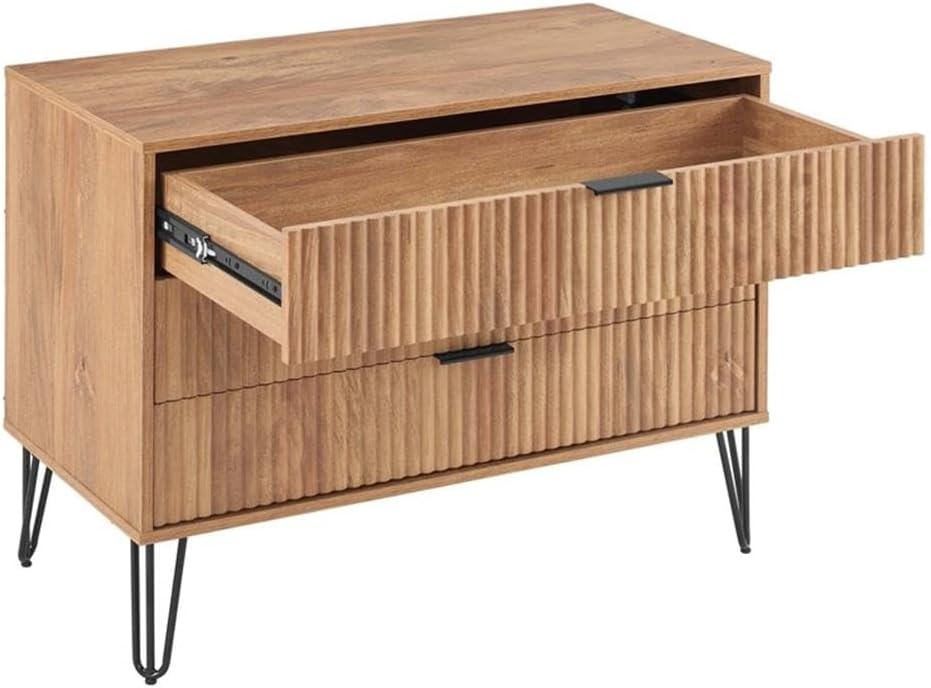 Pemberly Row 2-Piece Bedroom Set, 3-Drawer Dresser & 1-Drawer Nightstand, Golden Brown MDF, Ribbed Drawer Front, Black Metal Handles & Legs, Soft Close, Modern Storage for Bedroom Use