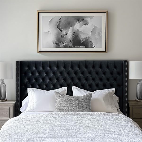 Madison Park Amelia Headboard King Wingback Upholstered - Hand-Tufted Button Detail, Double Nailhead Trim, Foam-Padded Durable Fabric, Adjustable Fit for Classic/Transitional Bedrooms-Black Velvet