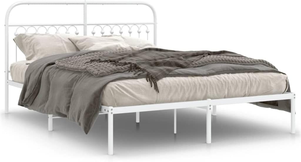 King Size Metal Bed Frame with Headboard, White Powder-Coated Steel Frame, 4 Legs for Enhanced Support, Sturdy Construction for Bedroom Furniture, Durable and Stable Design