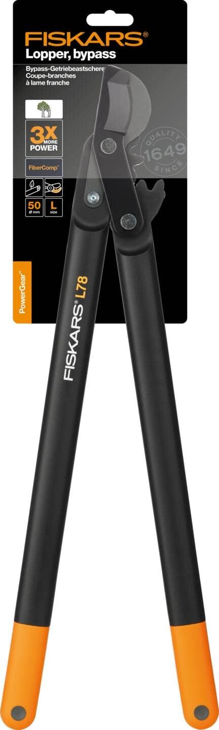 Fiskars PowerGear Lopper Bypass, Hook Head (L) L78, Power Gear II system, Non-stick coating, Cutting Diameter : 5 cm, Hardened steel, Length: 70 cm, Black/Orange, 1000584