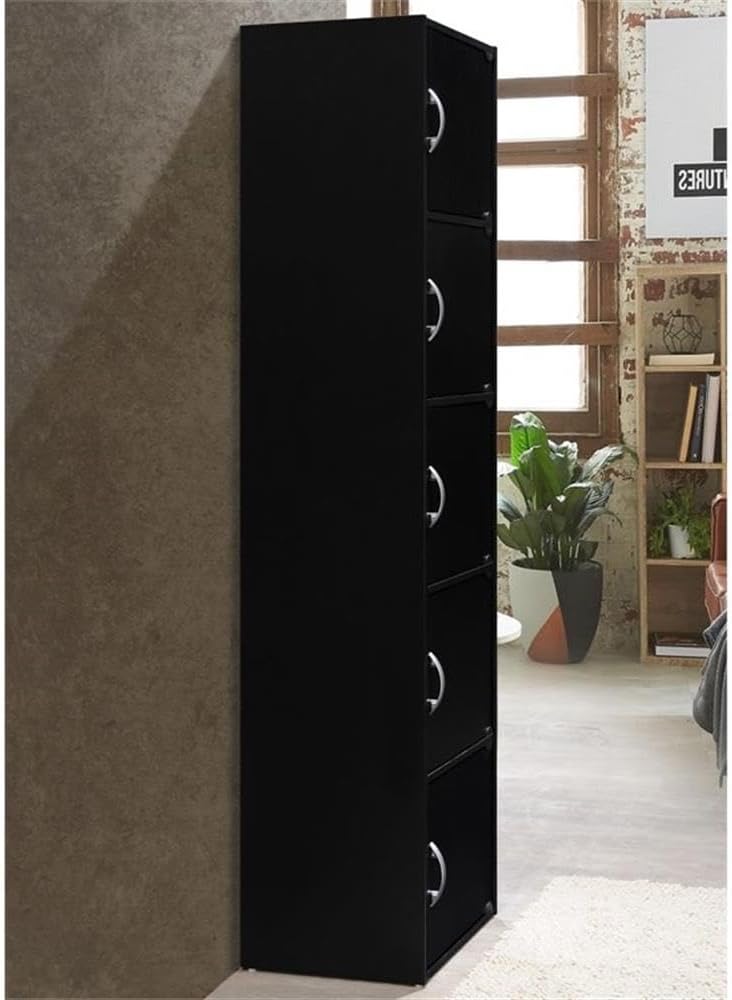 Pemberly Row 5-Shelf Bookcase with 5 Doors, Slim 59 in. Tall Design, Black Finish, Multi-Purpose Storage for Office, Bedroom, or Kids Room Organization