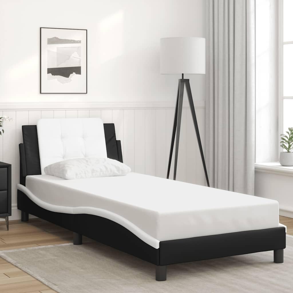 Black and White Bed Frame with Wavy Side Design, Single Sleeper Size 39.4 x 74.8 in, Solid Pine Wood and Faux Leather Construction, Stain-Resistant Surface, Soft Headboard