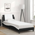 Black and White Bed Frame with Wavy Side Design, Single Sleeper Size 39.4 x 74.8 in, Solid Pine Wood and Faux Leather Construction, Stain-Resistant Surface, Soft Headboard