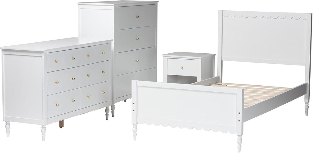 Baxton Studio Roni White Wood 4-Piece Full Bedroom Set with Scalloped Edges