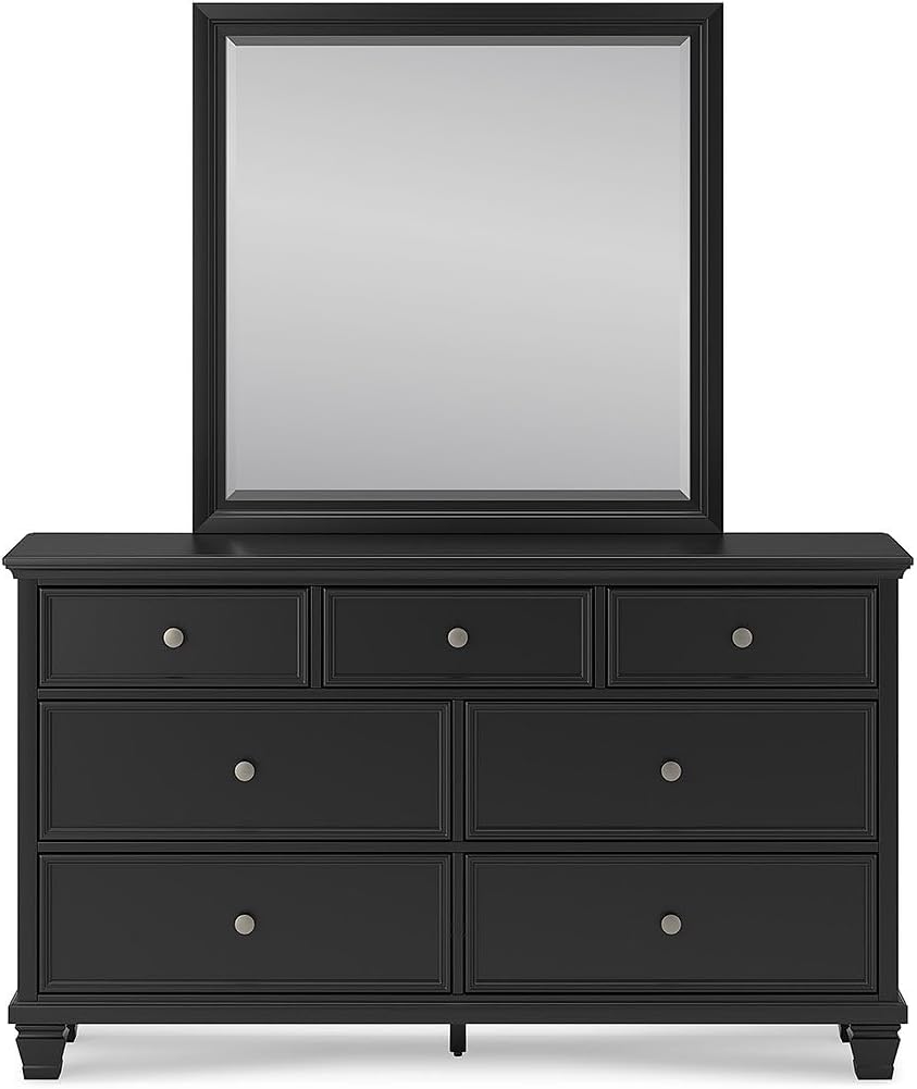 Signature Design by Ashley Lanolee Modern 7-Drawer Dresser and Mirror with Safety Stop, Classic Style, Sturdy Wood, Birch Veneer, Framed Drawer Fronts, Metal Drawer Knobs, Pewter-Tone Finish, Black
