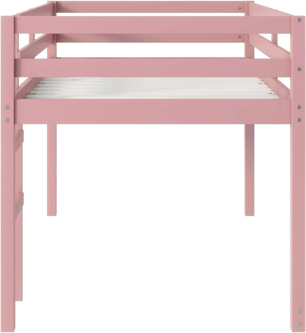 JIVOIT Twin Size Loft Bed with Ladder, Solid Rubber Wooden Low Height Loft Bed, Bed Platform of Strengthened Slats, No Box Spring Needed (Pink//14)