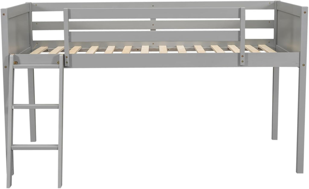 Twin Size Loft Bed, Wood Low Loft Bed with Convertible Ladder, Ladder can be Placed on the Left or Right, Safety Guardrails, Wood Slats Support, No Box Spring Required (Gray & Convertible Ladder)