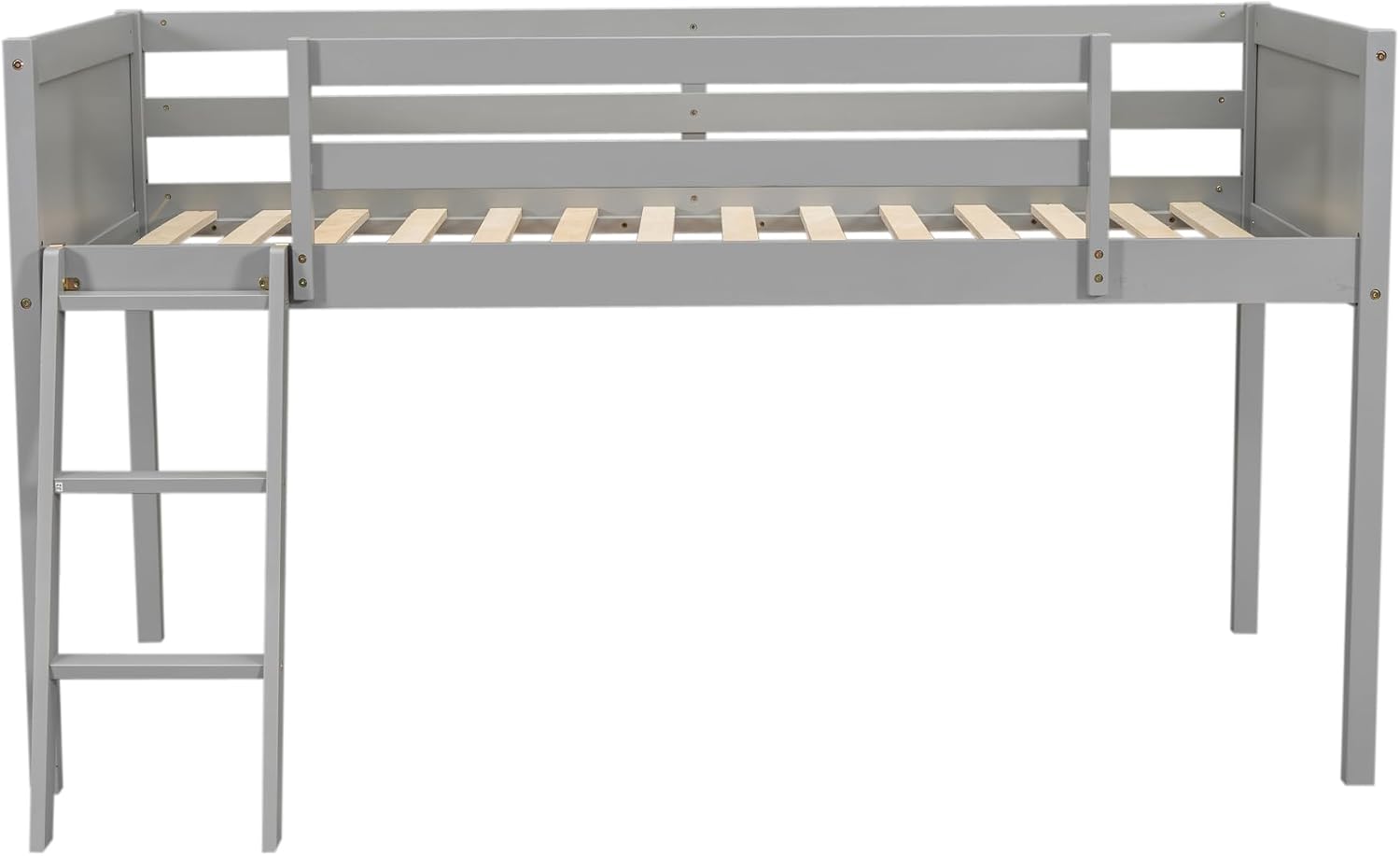 Twin Size Loft Bed, Wood Low Loft Bed with Convertible Ladder, Ladder can be Placed on the Left or Right, Safety Guardrails, Wood Slats Support, No Box Spring Required (Gray & Convertible Ladder)