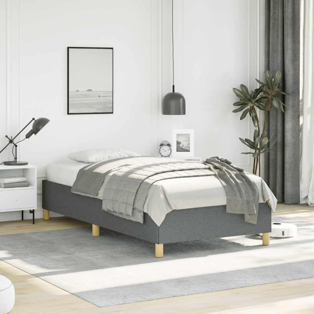 Dark Grey Polyester Bed Frame with Plywood Slats for Twin XL Size, Modern Minimalist Design, Breathable Fabric, Durable Engineered Wood Construction, Space-Saving Single