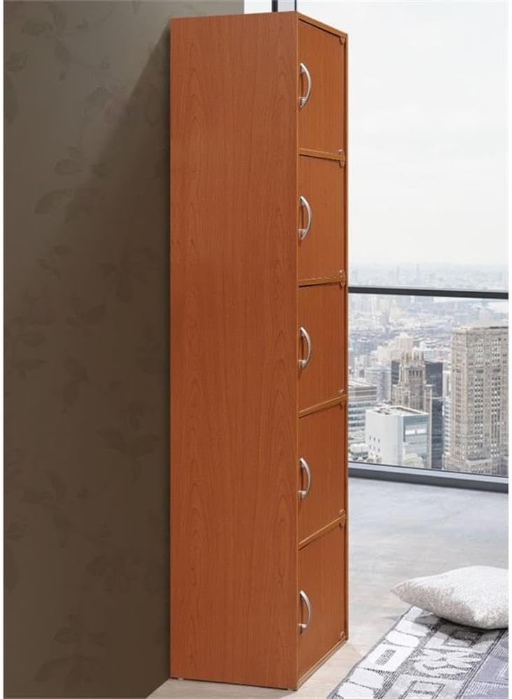 Pemberly Row 5 Shelf 5 Door Bookcase, Cherry Finish, 59 in H x 15.9 in W x 11.75 in D, Slim Multipurpose Design, Storage for Office, Bedroom, Living Room, Kids Room, Kitchen or Laundry Organization