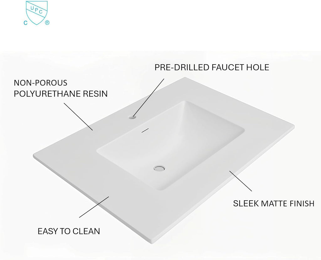 31' Bathroom Vanity Top with Integrated Sink – Solid Surface Resin Streamline Countertop, Single Faucet Hole, Built-in Overflow, Easy-to-Clean Matte White Finish, 31' W x 22' D