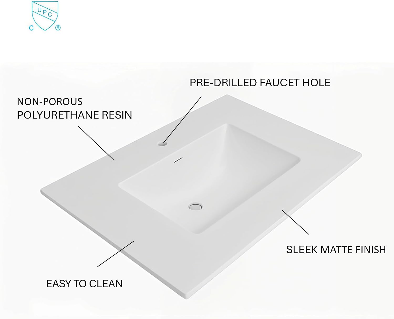 37' W x 22' D Solid Surface Polyurethane Resin Streamline Vanity Top with Sink, Durable, Consistent Color, Easy-to-Clean, Built-in Overflow (Solid Surface Resin Vanity Top, 37 inch)