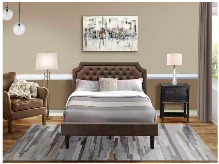 HomeStock Earthy Elegance 2 Piece Platform Wooden Set for Bedroom with a Full Bed and 1 Wirebrushed Black Night Stands Dark Brown Faux Leather with Black Texture and Black Legs