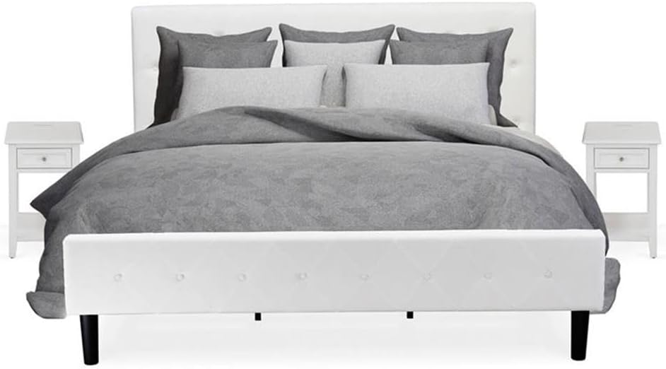 East West Furniture NL19K-2DE05 3 Piece King Bed Set - Button Tufted Bed Frame - Linen white Velvet Fabric and Upholstered Headboard and a Linen white Finish Nightstand
