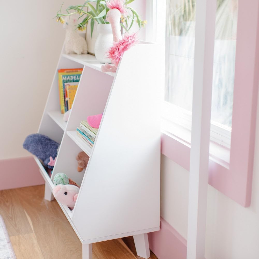 Max & Lily Modern Angled Frankie Bookcase with 3 Shelves and 2 Storage Bins - Stylish Kids' Bookshelf and Toy Organizer, White