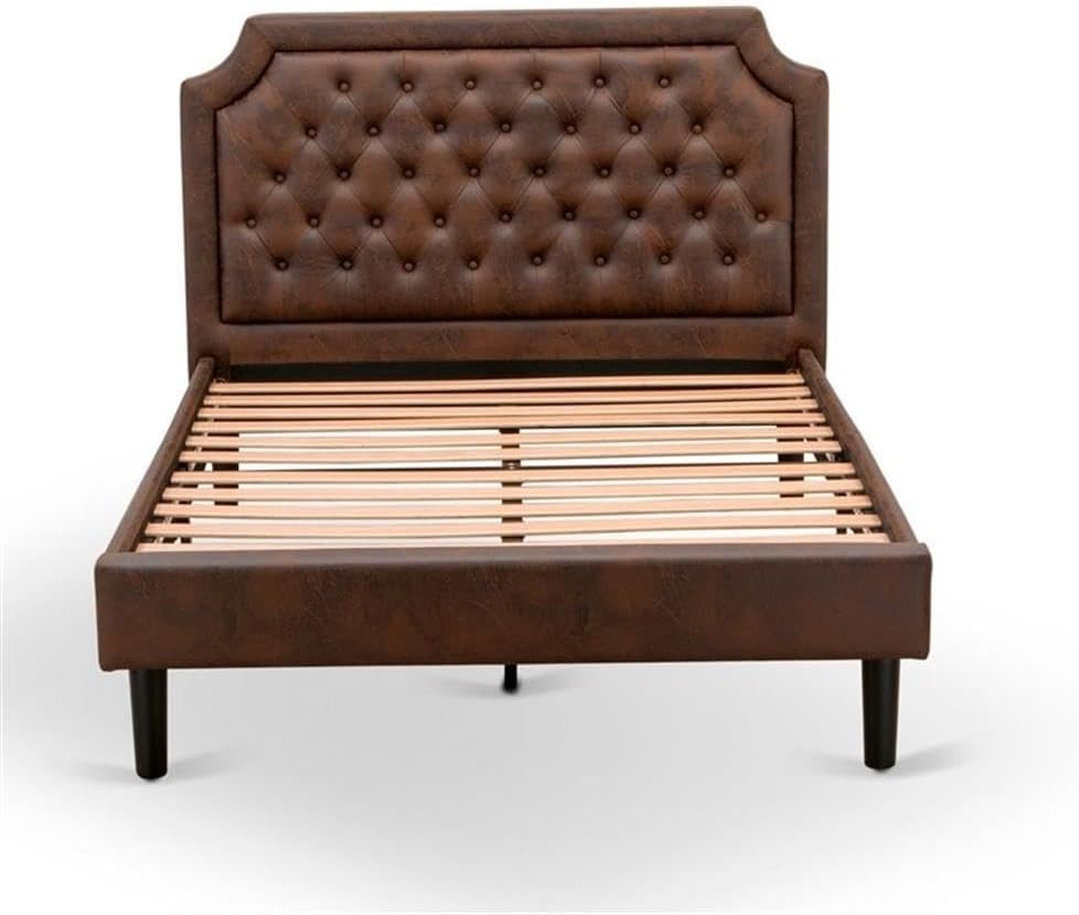 East West Furniture GB25F-1VL06 2-Piece Platform Wooden Set for Bedroom with Button Tufted Full Bed and 1 Wire Brushed Black Night Stands - Dark Brown faux Leather with Black Texture and Black Legs